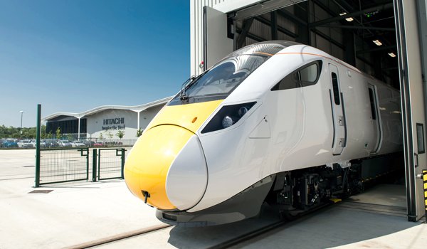 Train appearing from Hitachi Rail Factory