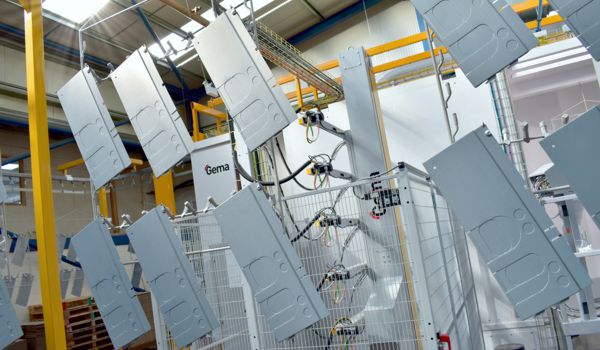 Gema Autoguns Gema reciprocating autoguns outside painting booth at Hydram